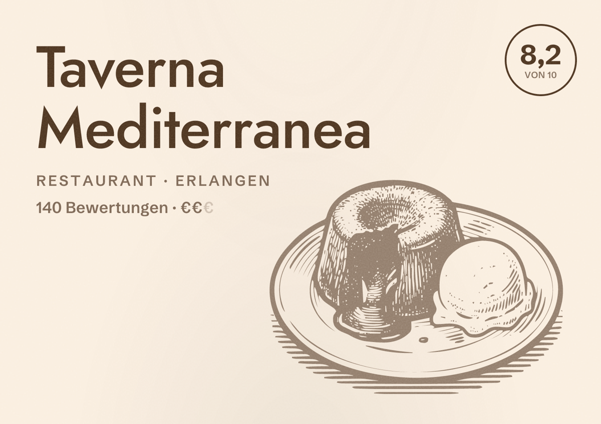 Illustriertes Poster von Taverna Mediterranea, Restaurant in Erlangen: Bewertung 8,2 von 10 aus 140 Bewertungen, Preisniveau €€