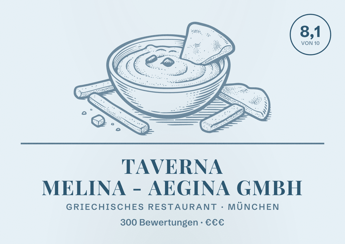 Illustriertes Poster von Taverna Melina - Aegina GmbH, Griechisches Restaurant in München: Bewertung 8,1 von 10 aus 300 Bewertungen, Preisniveau €€€