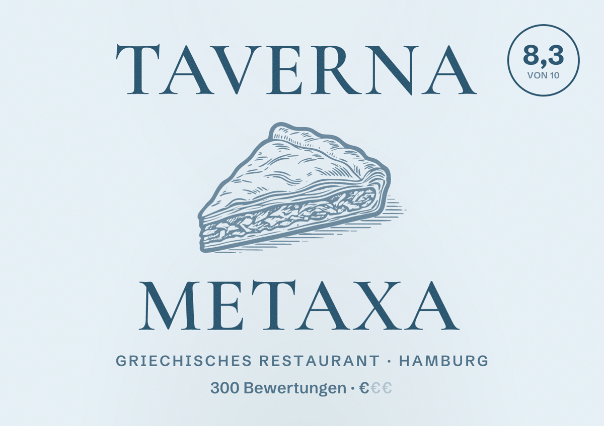 Illustriertes Poster von Taverna Metaxa, Griechisches Restaurant in Hamburg: Bewertung 8,3 von 10 aus 300 Bewertungen, Preisniveau €
