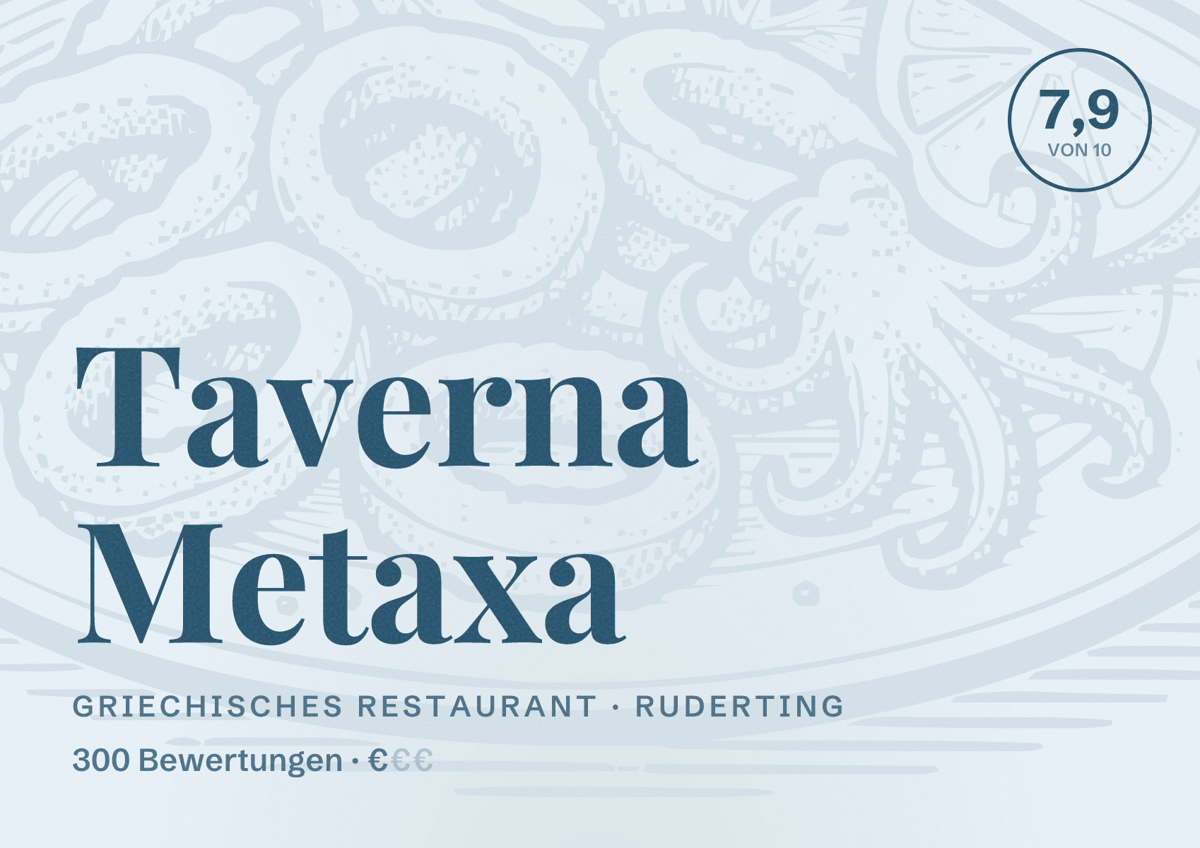 Illustriertes Poster von Taverna Metaxa, Griechisches Restaurant in Ruderting: Bewertung 7,9 von 10 aus 300 Bewertungen, Preisniveau €