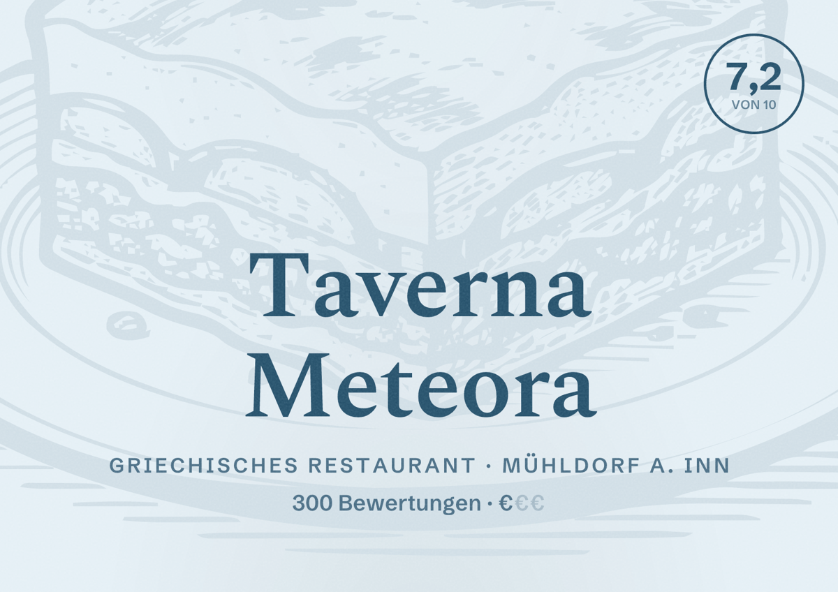 Illustriertes Poster von Taverna Meteora, Griechisches Restaurant in Mühldorf a. Inn: Bewertung 7,2 von 10 aus 300 Bewertungen, Preisniveau €