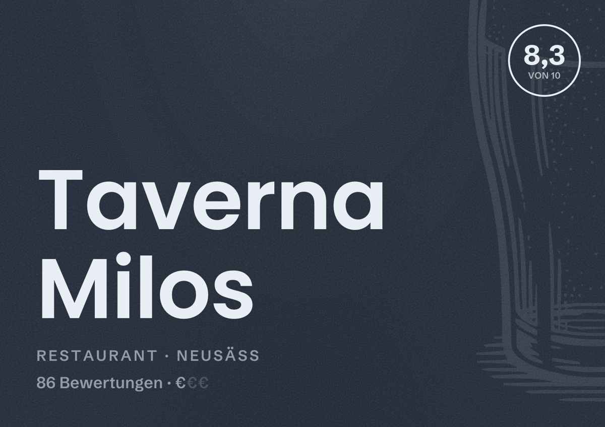 Illustriertes Poster von Taverna Milos, Restaurant in Neusäß: Bewertung 8,3 von 10 aus 86 Bewertungen, Preisniveau €