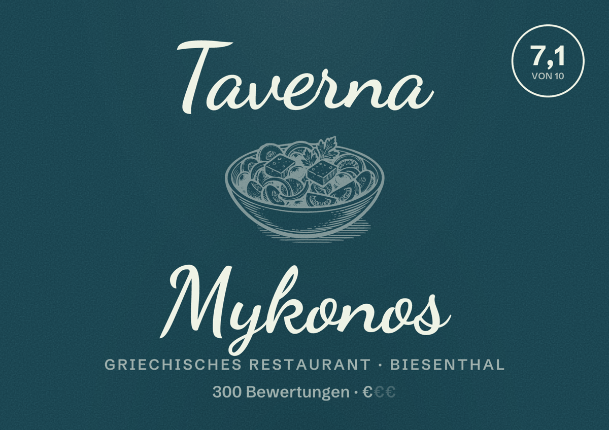 Illustriertes Poster von Taverna Mykonos, Griechisches Restaurant in Biesenthal: Bewertung 7,1 von 10 aus 300 Bewertungen, Preisniveau €