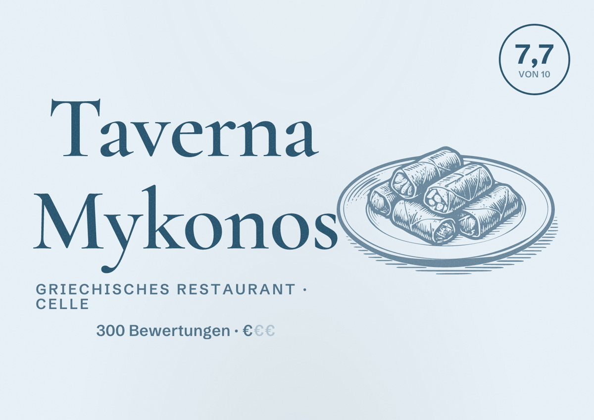 Illustriertes Poster von Taverna Mykonos, Griechisches Restaurant in Celle: Bewertung 7,7 von 10 aus 300 Bewertungen, Preisniveau €
