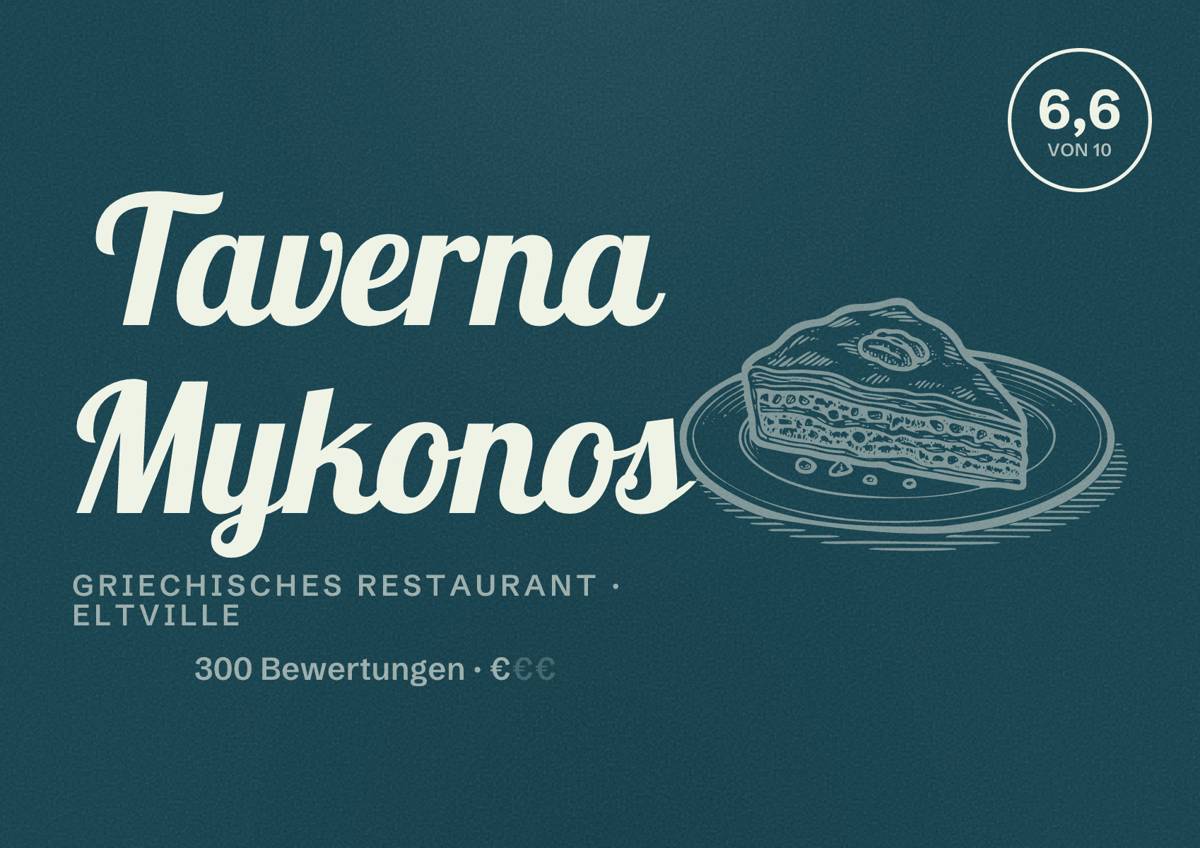 Illustriertes Poster von Taverna Mykonos, Griechisches Restaurant in Eltville: Bewertung 6,6 von 10 aus 300 Bewertungen, Preisniveau €
