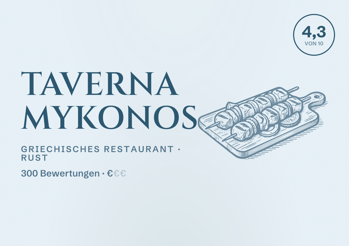 Illustriertes Poster von Taverna Mykonos, Griechisches Restaurant in Rust: Bewertung 4,3 von 10 aus 300 Bewertungen, Preisniveau €