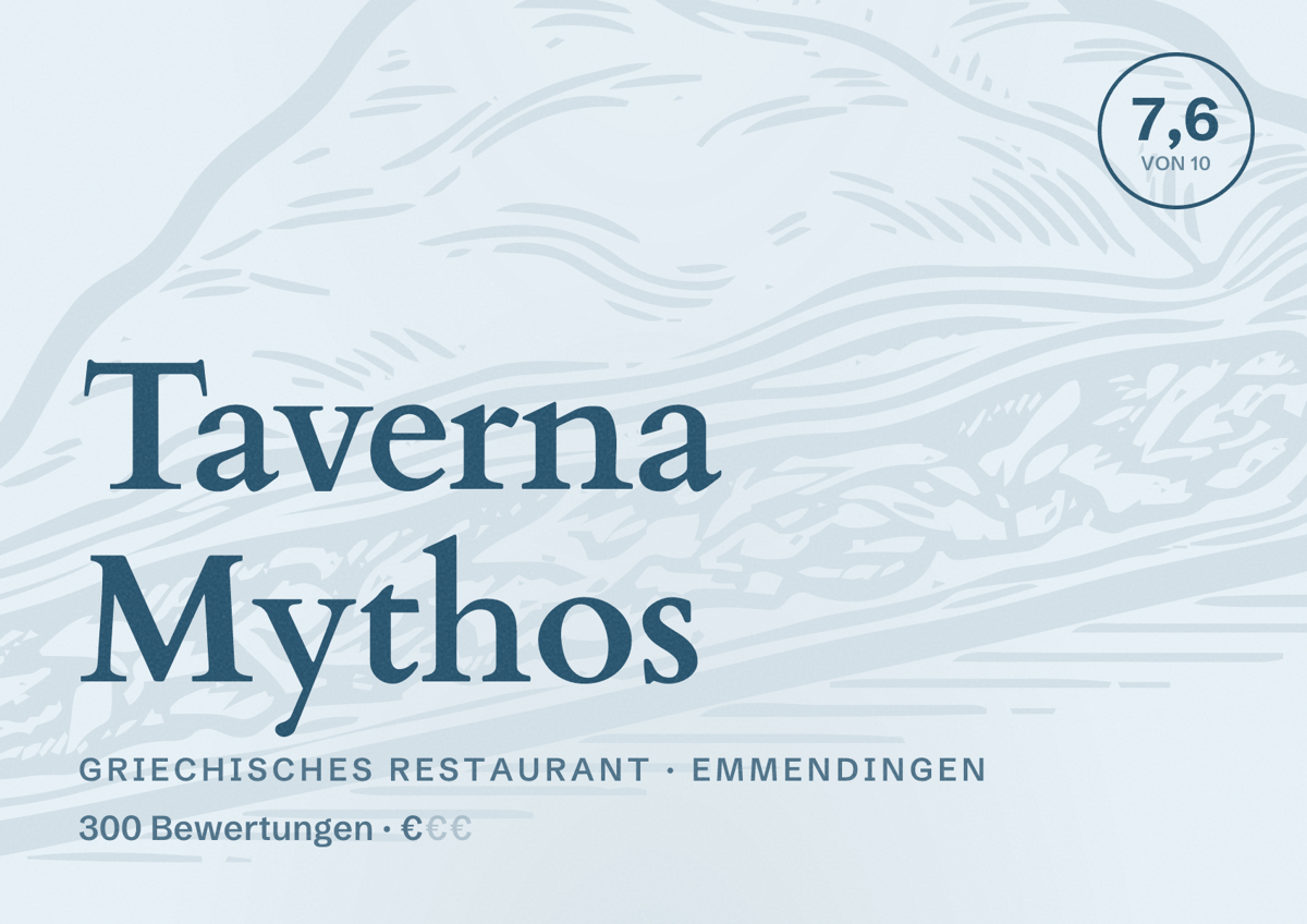 Illustriertes Poster von Taverna Mythos, Griechisches Restaurant in Emmendingen: Bewertung 7,6 von 10 aus 300 Bewertungen, Preisniveau €