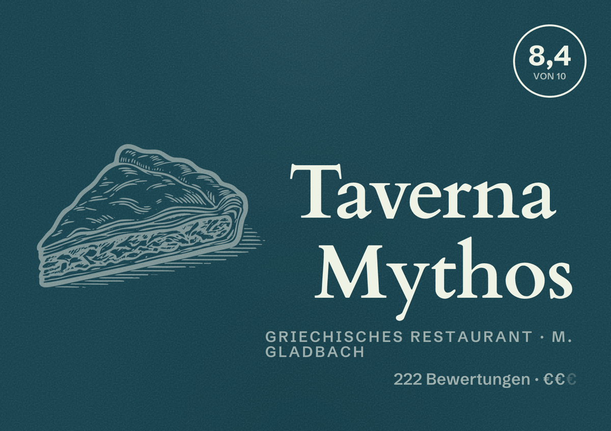 Illustriertes Poster von Taverna Mythos, Griechisches Restaurant in M. Gladbach: Bewertung 8,4 von 10 aus 222 Bewertungen, Preisniveau €€