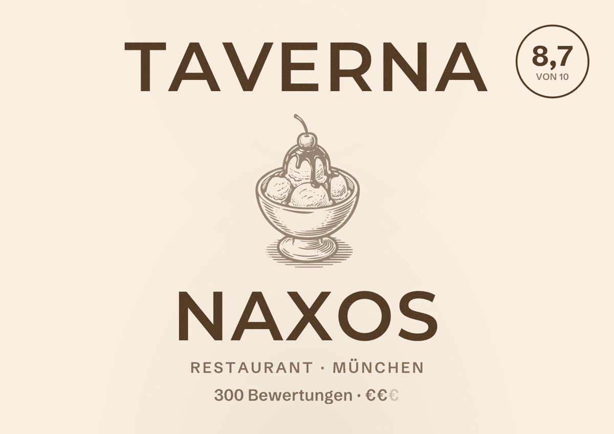 Illustriertes Poster von Taverna Naxos, Restaurant in München: Bewertung 8,7 von 10 aus 300 Bewertungen, Preisniveau €€