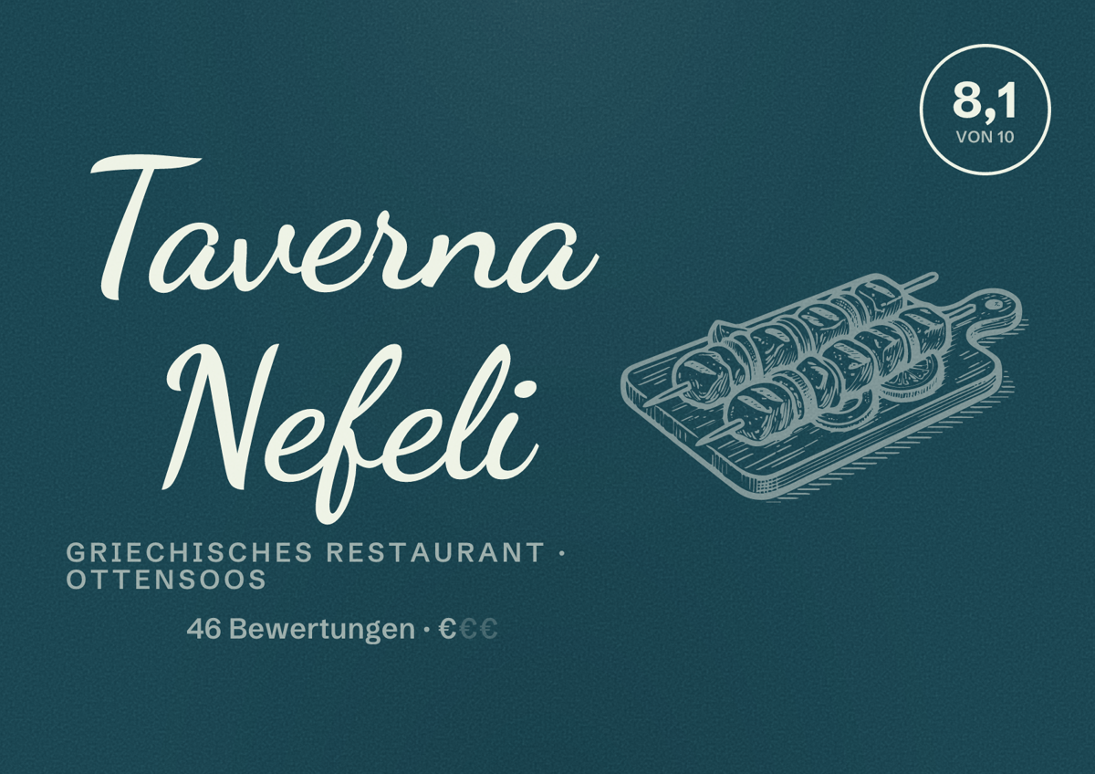 Illustriertes Poster von Taverna Nefeli, Griechisches Restaurant in Ottensoos: Bewertung 8,1 von 10 aus 46 Bewertungen, Preisniveau €