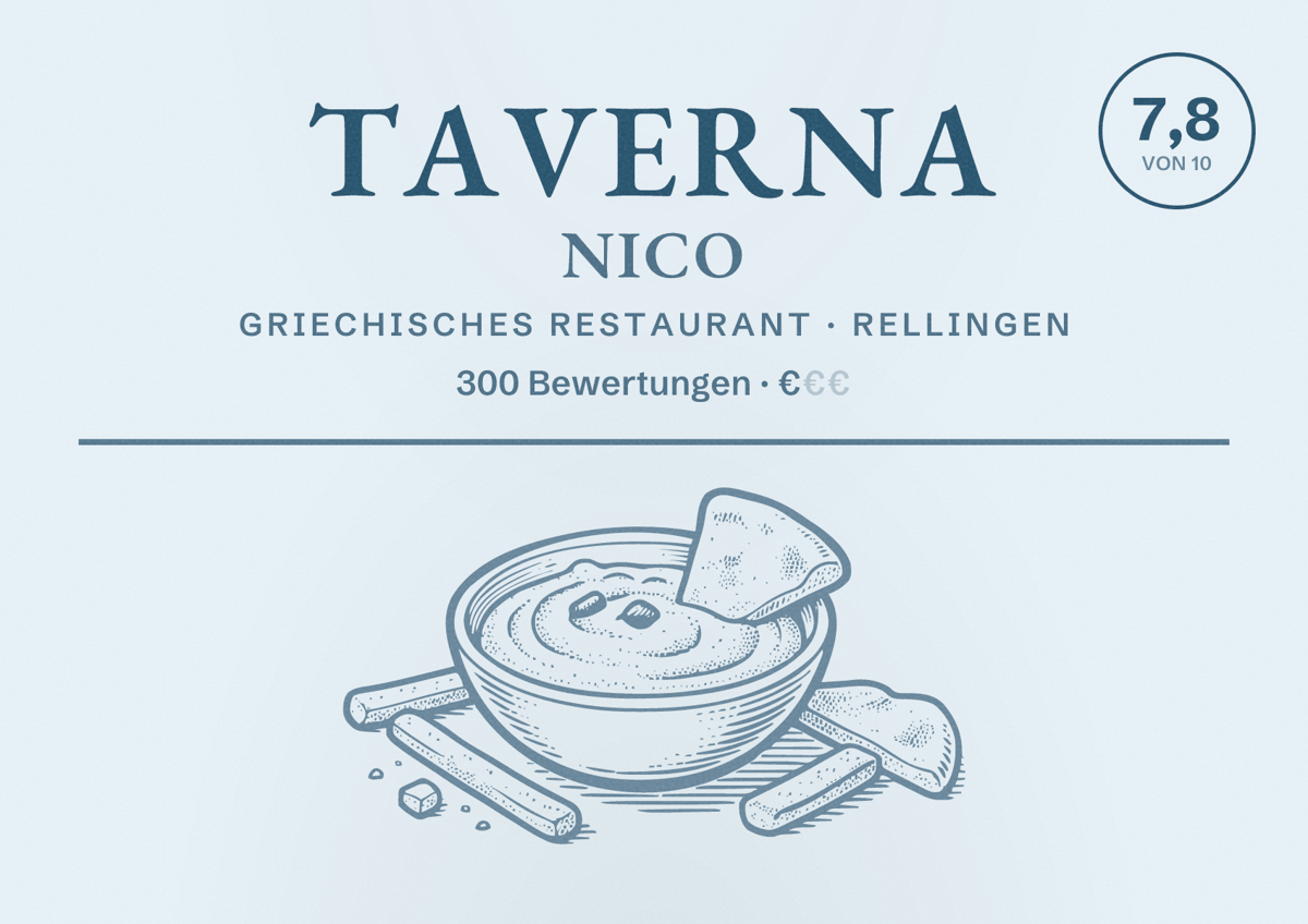 Illustriertes Poster von Taverna Nico, Griechisches Restaurant in Rellingen: Bewertung 7,8 von 10 aus 300 Bewertungen, Preisniveau €