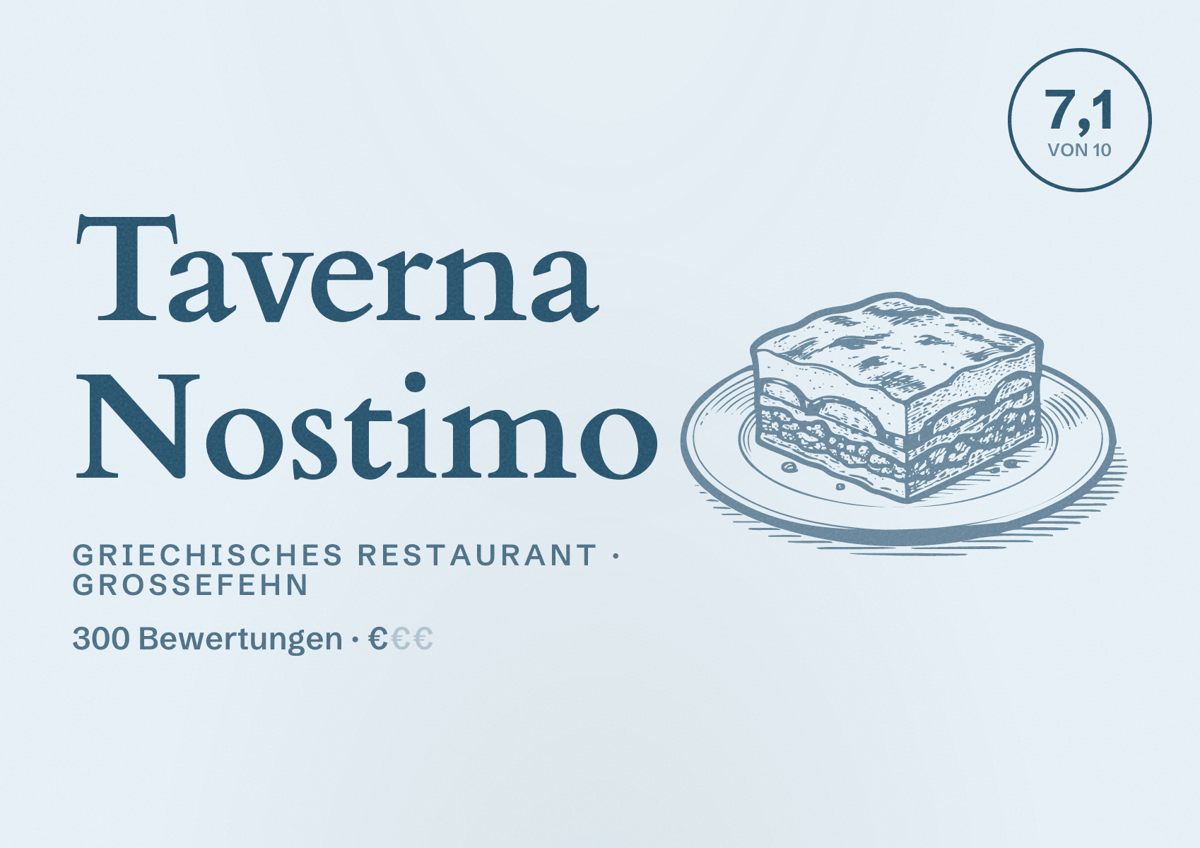 Illustriertes Poster von Taverna Nostimo, Griechisches Restaurant in Großefehn: Bewertung 7,1 von 10 aus 300 Bewertungen, Preisniveau €