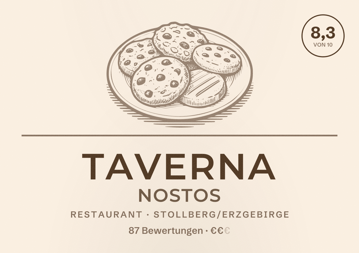 Illustriertes Poster von Taverna Nostos, Restaurant in Stollberg/Erzgebirge: Bewertung 8,3 von 10 aus 87 Bewertungen, Preisniveau €€