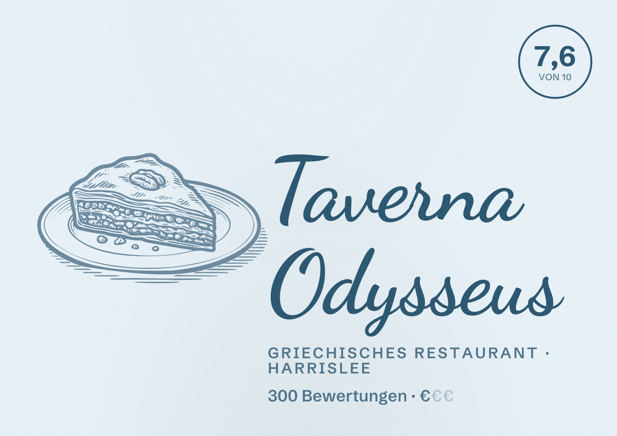 Illustriertes Poster von Taverna Odysseus, Griechisches Restaurant in Harrislee: Bewertung 7,6 von 10 aus 300 Bewertungen, Preisniveau €