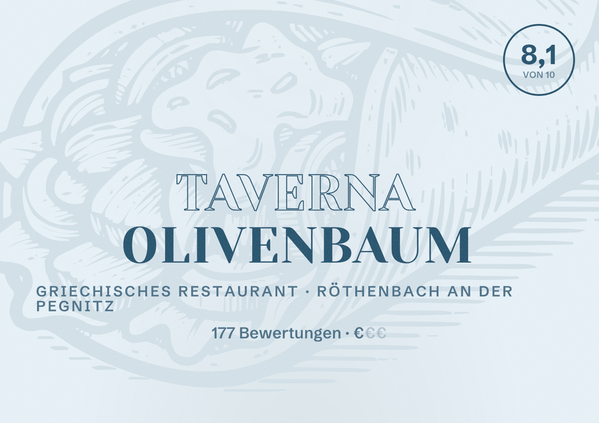 Illustriertes Poster von Taverna Olivenbaum, Griechisches Restaurant in Röthenbach an der Pegnitz: Bewertung 8,1 von 10 aus 177 Bewertungen, Preisniveau €