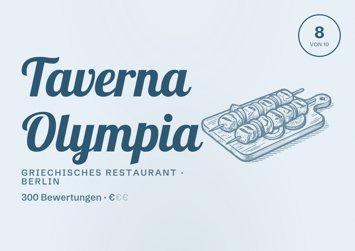 Illustriertes Poster von Taverna Olympia, Griechisches Restaurant in Berlin: Bewertung 8,0 von 10 aus 300 Bewertungen, Preisniveau €