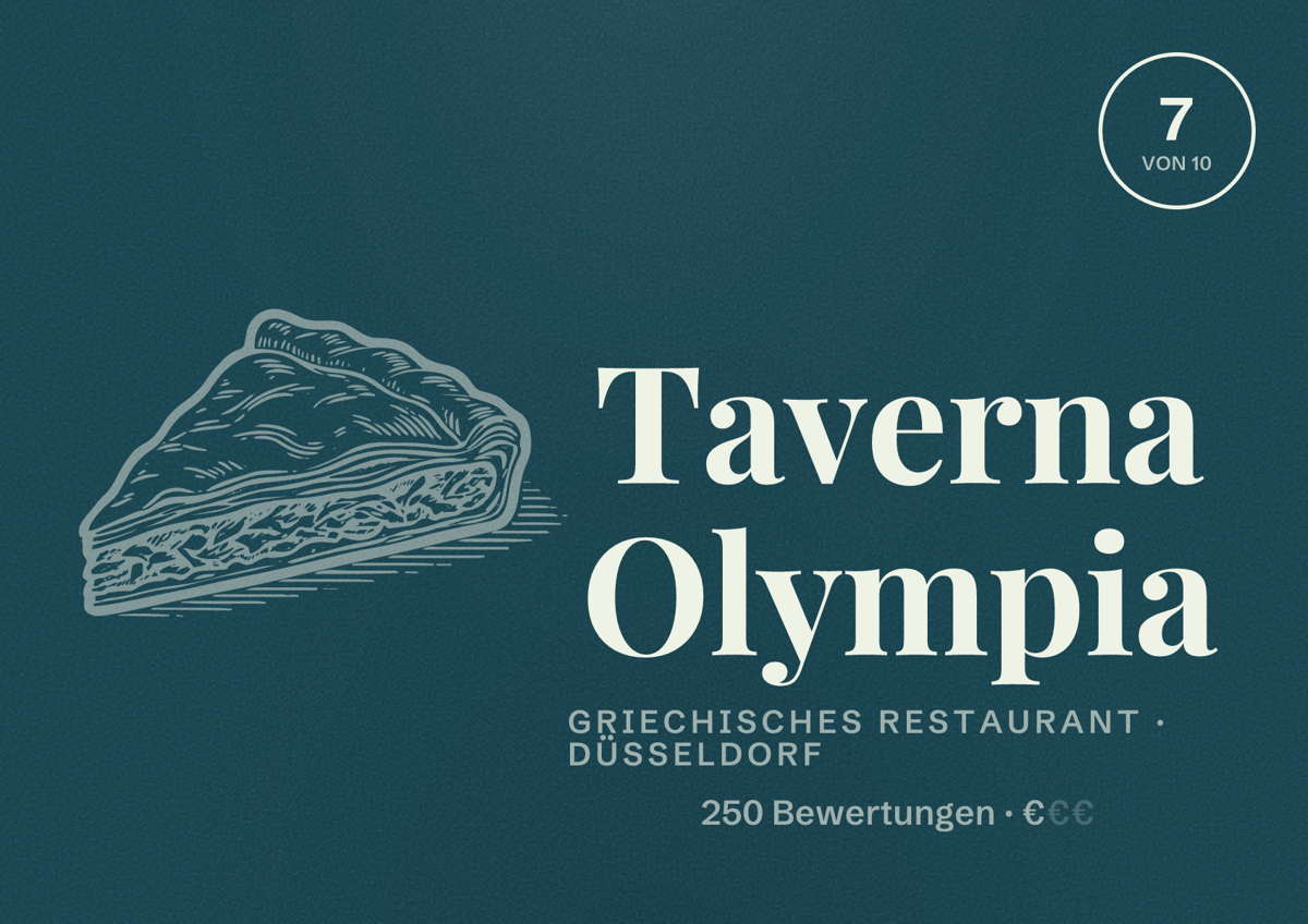 Illustriertes Poster von Taverna Olympia, Griechisches Restaurant in Düsseldorf: Bewertung 7,0 von 10 aus 250 Bewertungen, Preisniveau €