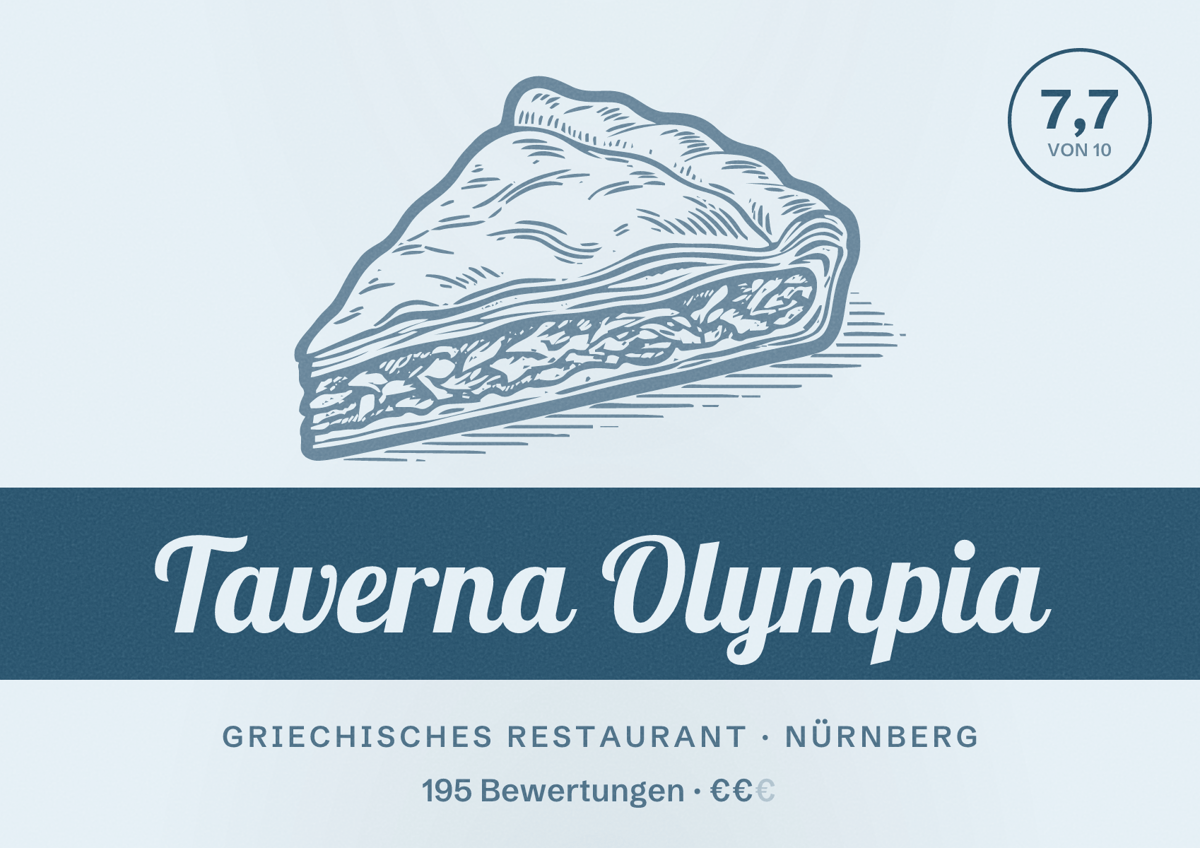 Illustriertes Poster von Taverna Olympia, Griechisches Restaurant in Nürnberg: Bewertung 7,7 von 10 aus 195 Bewertungen, Preisniveau €€