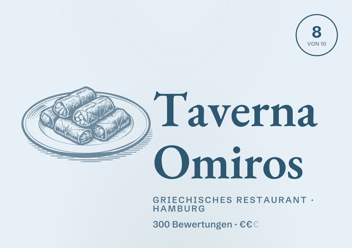 Illustriertes Poster von Taverna Omiros, Griechisches Restaurant in Hamburg: Bewertung 8,0 von 10 aus 300 Bewertungen, Preisniveau €€