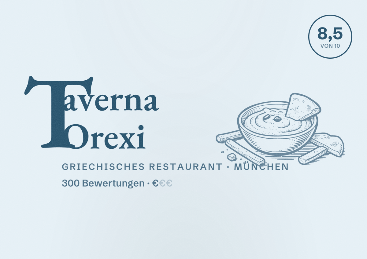 Illustriertes Poster von Taverna Orexi, Griechisches Restaurant in München: Bewertung 8,5 von 10 aus 300 Bewertungen, Preisniveau €