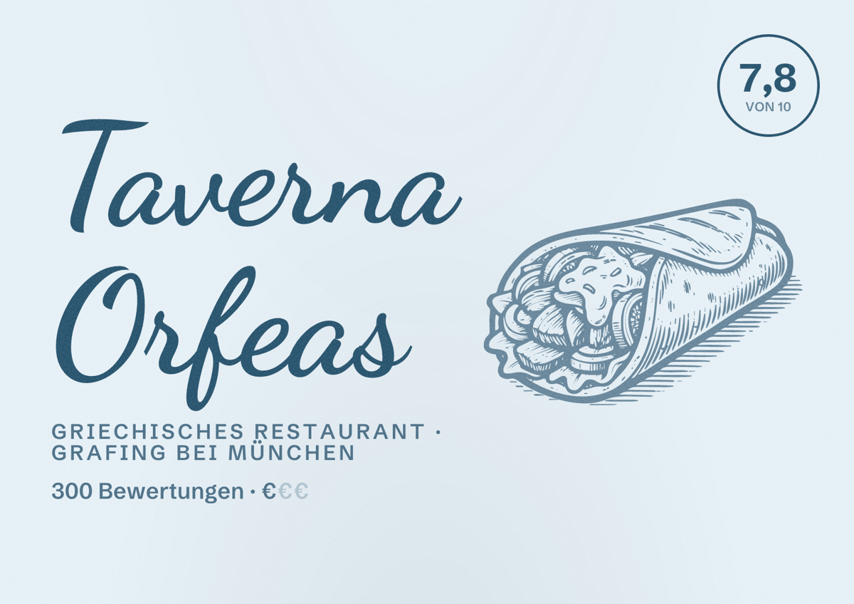 Illustriertes Poster von Taverna Orfeas, Griechisches Restaurant in Grafing bei München: Bewertung 7,8 von 10 aus 300 Bewertungen, Preisniveau €