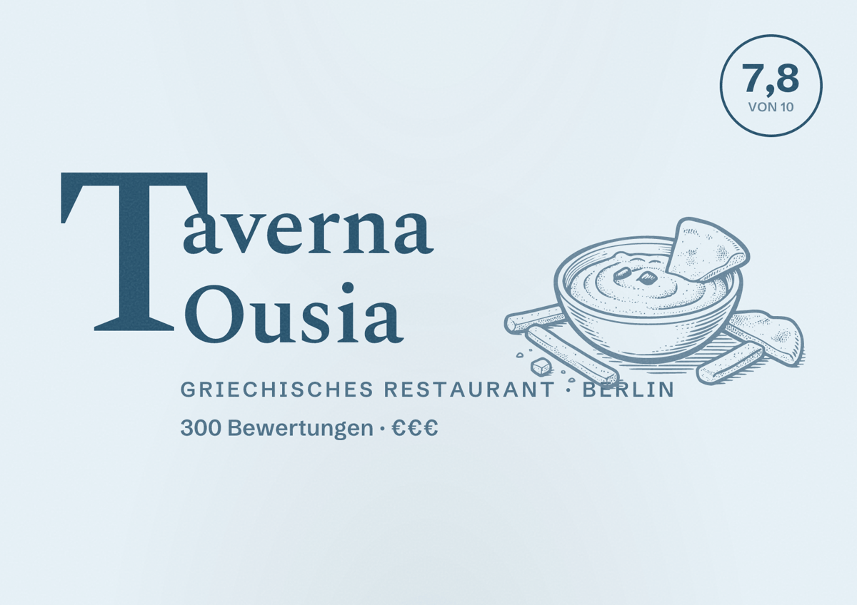 Illustriertes Poster von Taverna Ousia, Griechisches Restaurant in Berlin: Bewertung 7,8 von 10 aus 300 Bewertungen, Preisniveau €€€