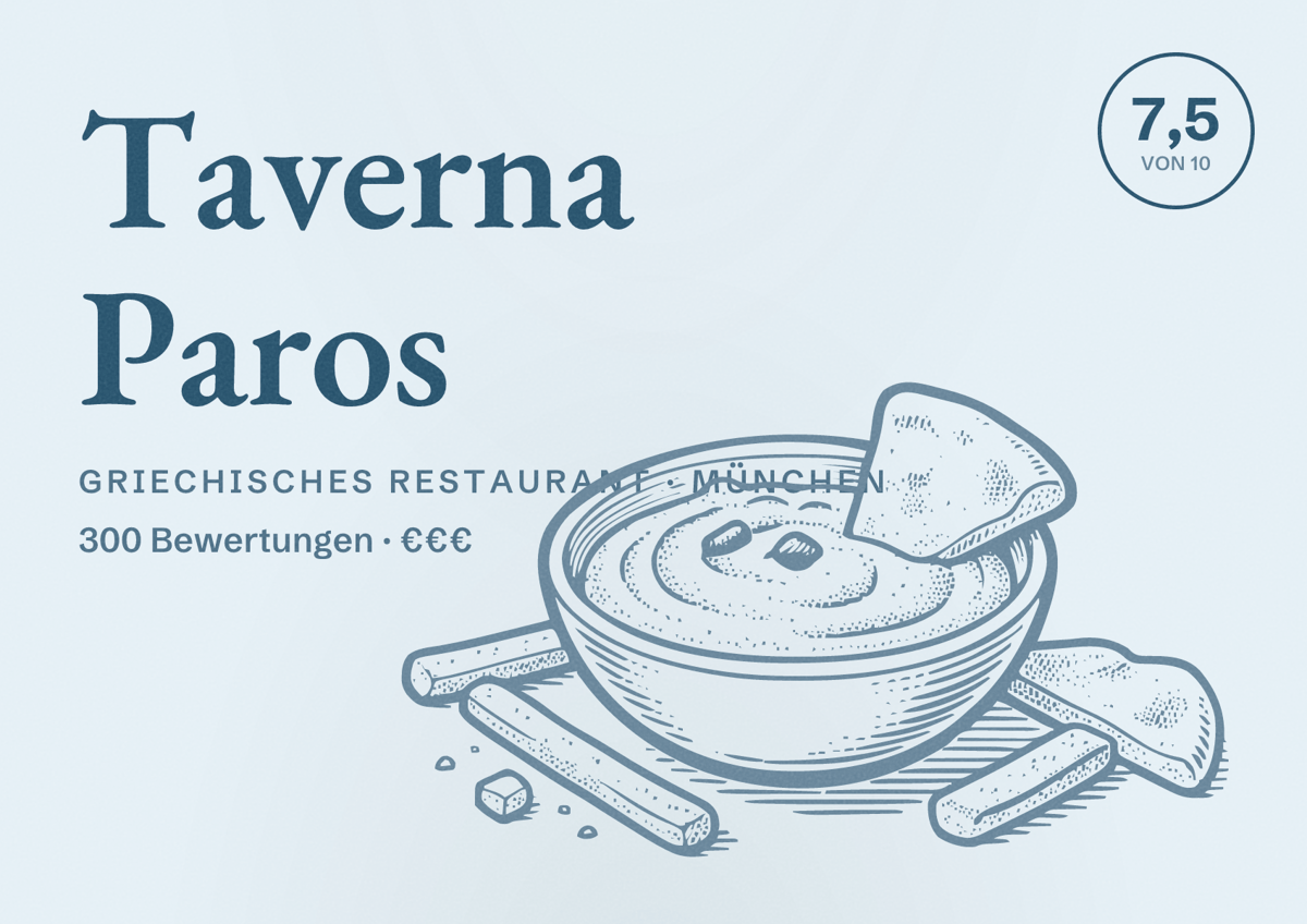 Illustriertes Poster von Taverna Paros, Griechisches Restaurant in München: Bewertung 7,5 von 10 aus 300 Bewertungen, Preisniveau €€€