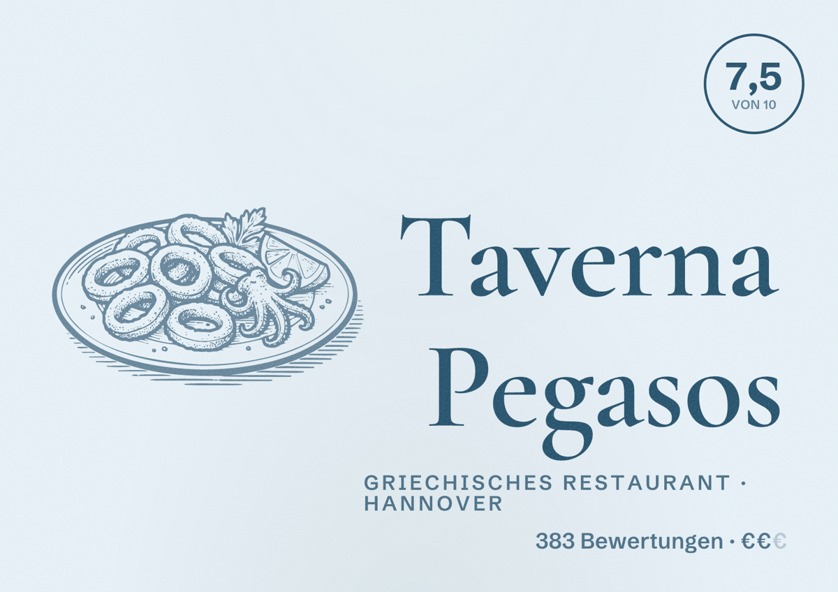 Illustriertes Poster von Taverna Pegasos, Griechisches Restaurant in Hannover: Gästebewertung 7,5 von 10 aus 383 Bewertungen