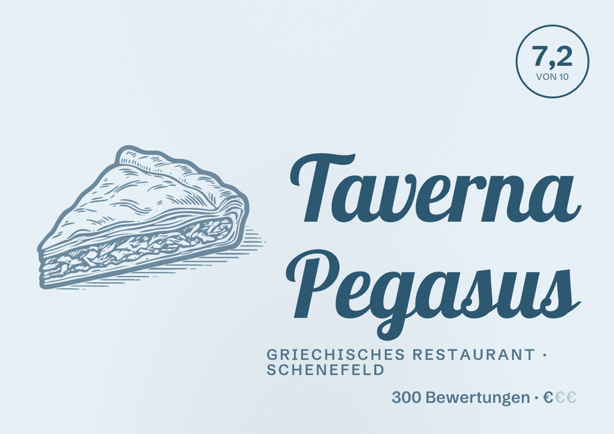 Illustriertes Poster von Taverna Pegasus, Griechisches Restaurant in Schenefeld: Bewertung 7,2 von 10 aus 300 Bewertungen, Preisniveau €
