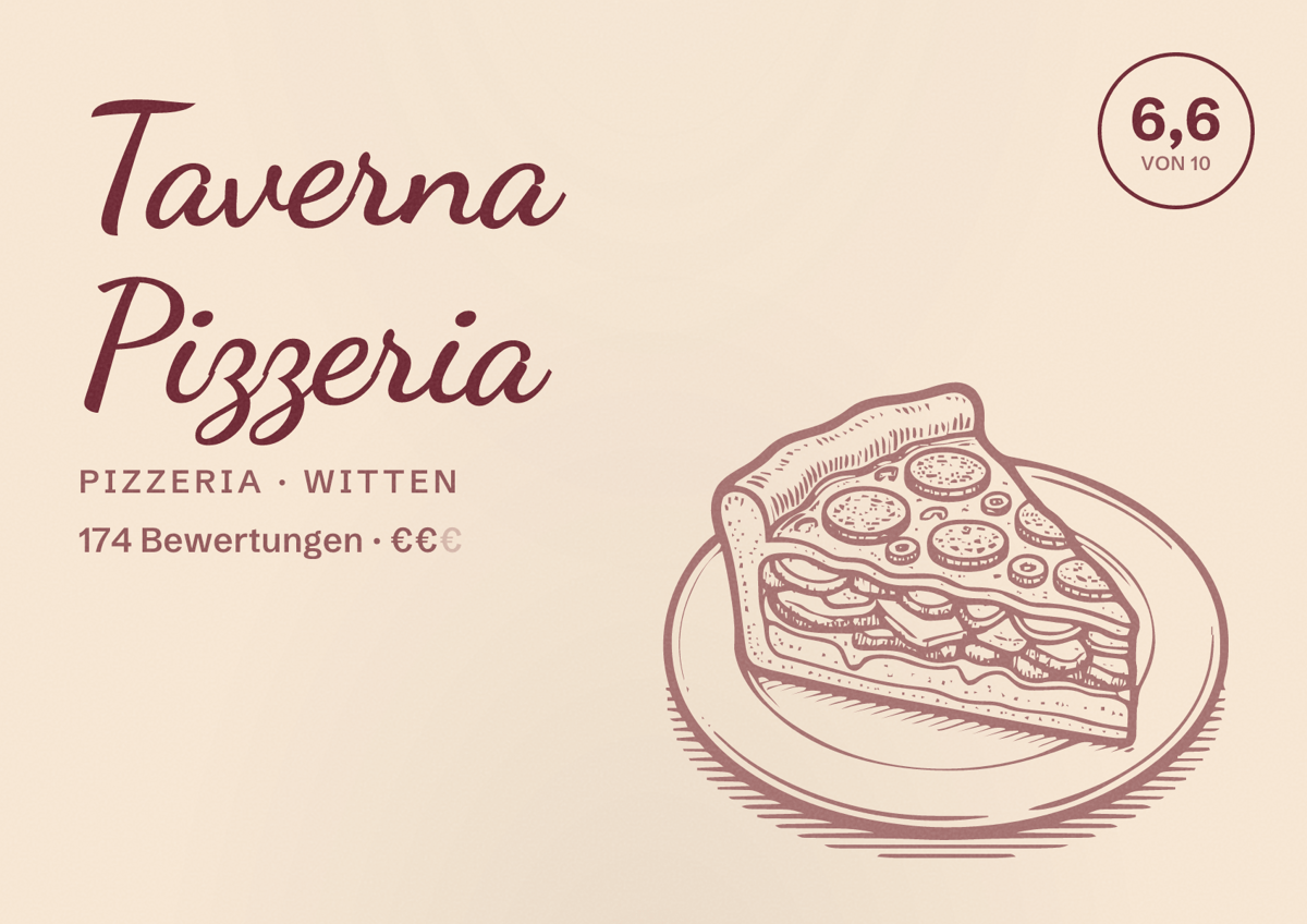Illustriertes Poster von Taverna Pizzeria, Pizzeria in Witten: Bewertung 6,6 von 10 aus 174 Bewertungen, Preisniveau €€