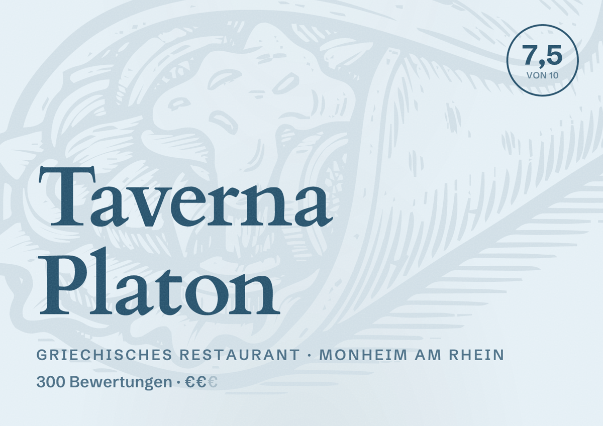 Illustriertes Poster von Taverna Platon, Griechisches Restaurant in Monheim am Rhein: Bewertung 7,5 von 10 aus 300 Bewertungen, Preisniveau €€