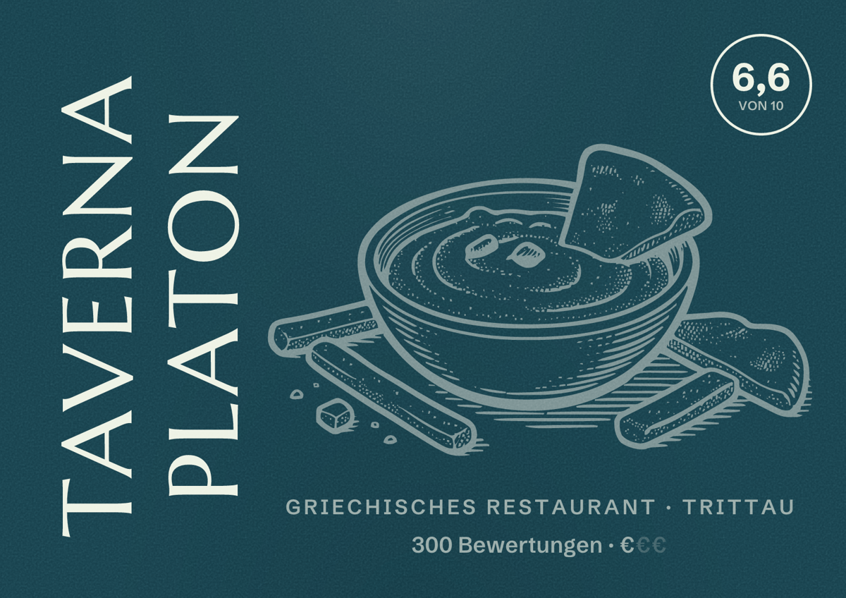 Illustriertes Poster von Taverna Platon, Griechisches Restaurant in Trittau: Bewertung 6,6 von 10 aus 300 Bewertungen, Preisniveau €