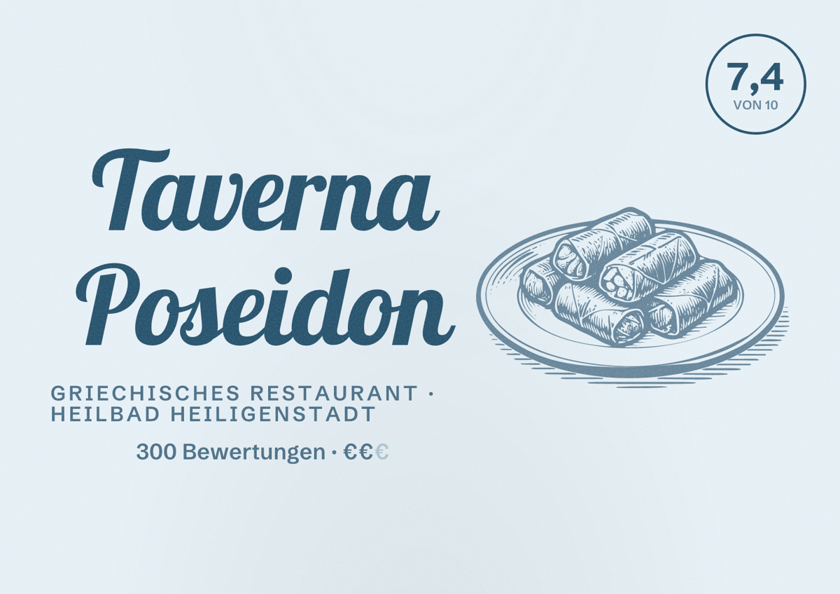 Illustriertes Poster von Taverna Poseidon, Griechisches Restaurant in Heilbad Heiligenstadt: Bewertung 7,4 von 10 aus 300 Bewertungen, Preisniveau €€