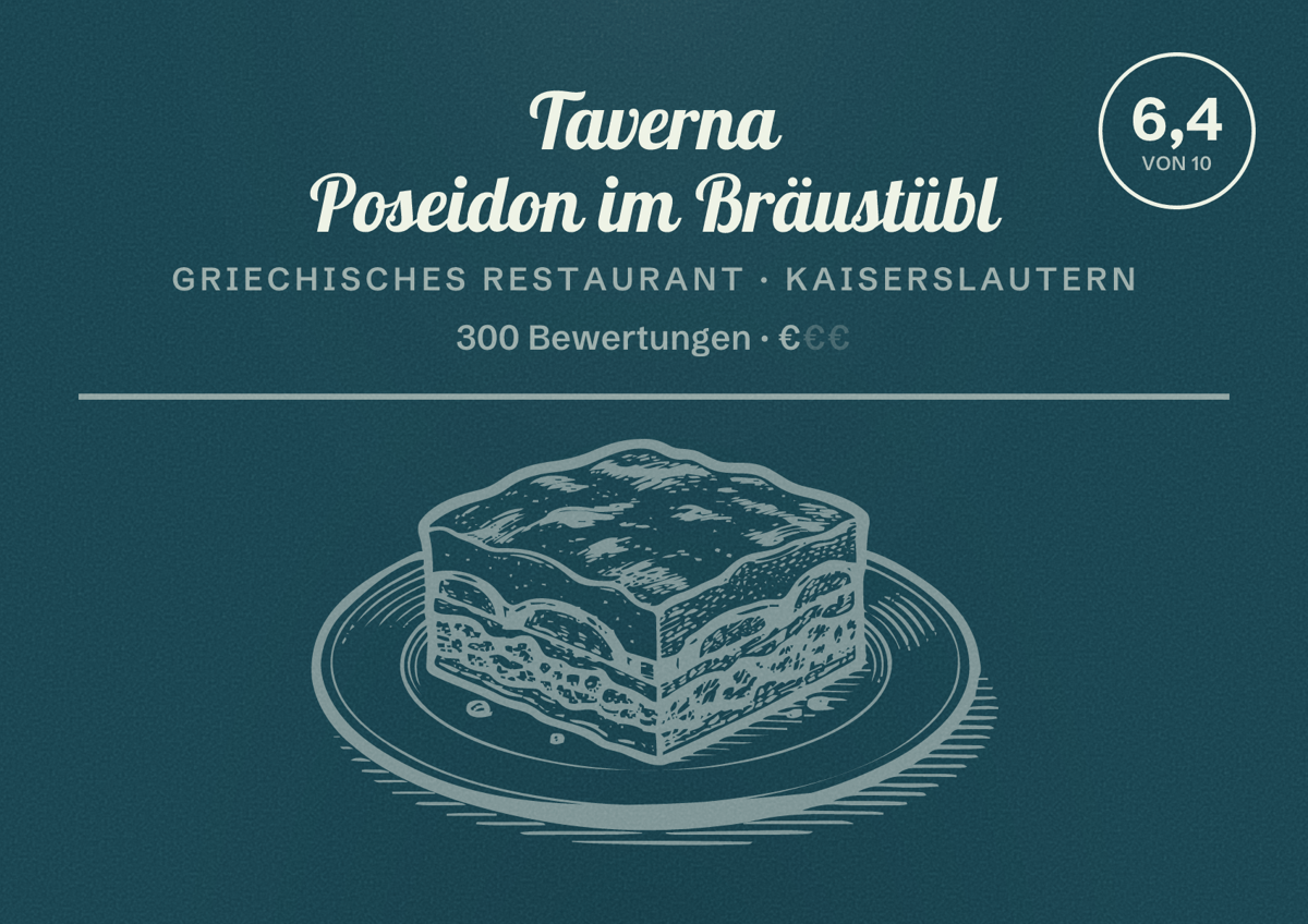 Illustriertes Poster von Taverna Poseidon im Bräustübl, Griechisches Restaurant in Kaiserslautern: Bewertung 6,4 von 10 aus 300 Bewertungen, Preisniveau €
