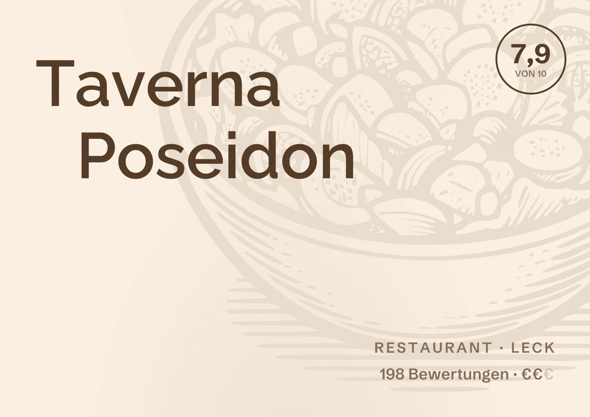 Illustriertes Poster von Taverna Poseidon, Restaurant in Leck: Bewertung 7,9 von 10 aus 198 Bewertungen, Preisniveau €€