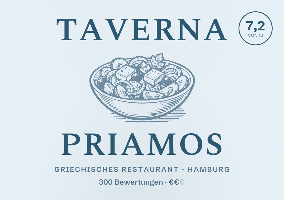 Illustriertes Poster von Taverna Priamos, Griechisches Restaurant in Hamburg: Bewertung 7,2 von 10 aus 300 Bewertungen, Preisniveau €€