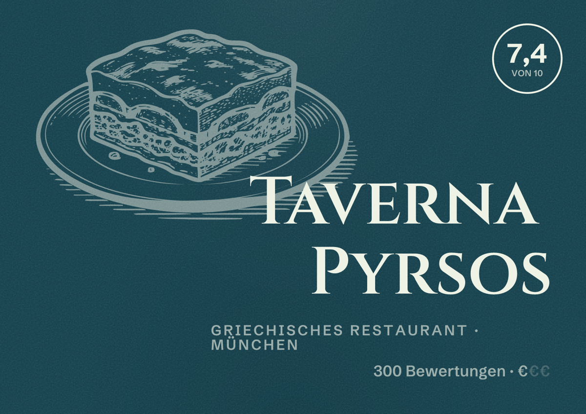 Illustriertes Poster von Taverna Pyrsos, Griechisches Restaurant in München: Bewertung 7,4 von 10 aus 300 Bewertungen, Preisniveau €