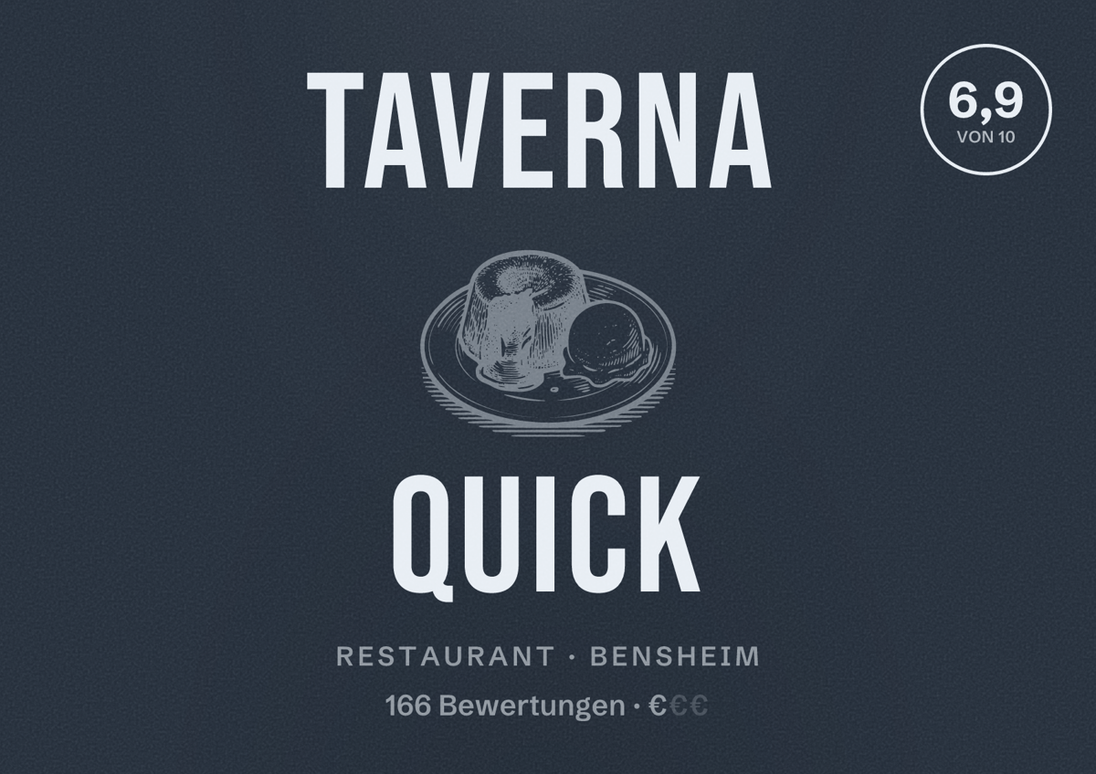 Illustriertes Poster von Taverna Quick, Restaurant in Bensheim: Bewertung 6,9 von 10 aus 166 Bewertungen, Preisniveau €