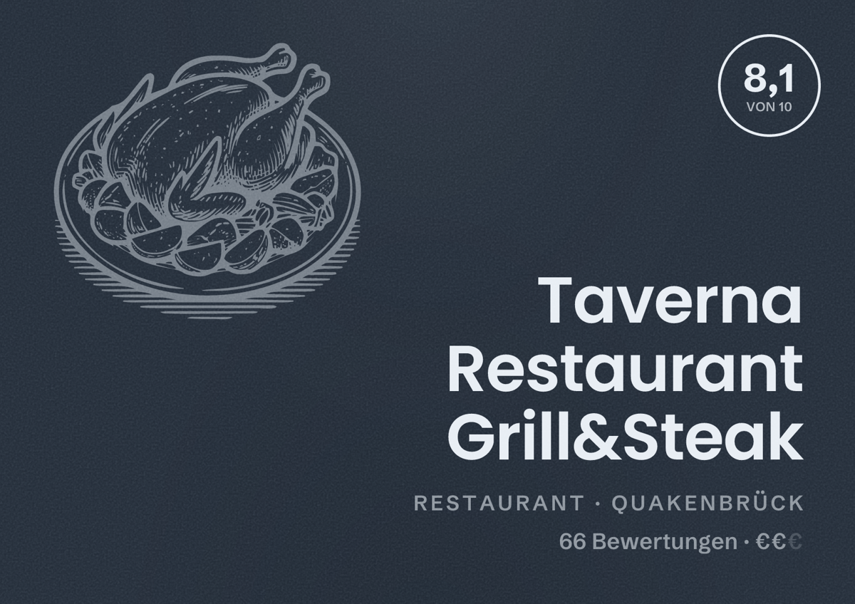 Illustriertes Poster von Taverna Restaurant Grill&Steak, Restaurant in Quakenbrück: Bewertung 8,1 von 10 aus 66 Bewertungen, Preisniveau €€
