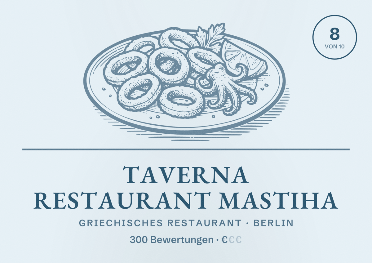 Illustriertes Poster von Taverna Restaurant Mastiha, Griechisches Restaurant in Berlin: Bewertung 8,0 von 10 aus 300 Bewertungen, Preisniveau €