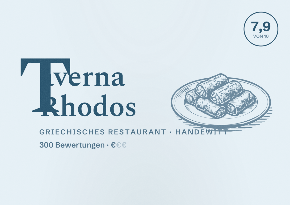 Illustriertes Poster von Taverna Rhodos, Griechisches Restaurant in Handewitt: Bewertung 7,9 von 10 aus 300 Bewertungen, Preisniveau €