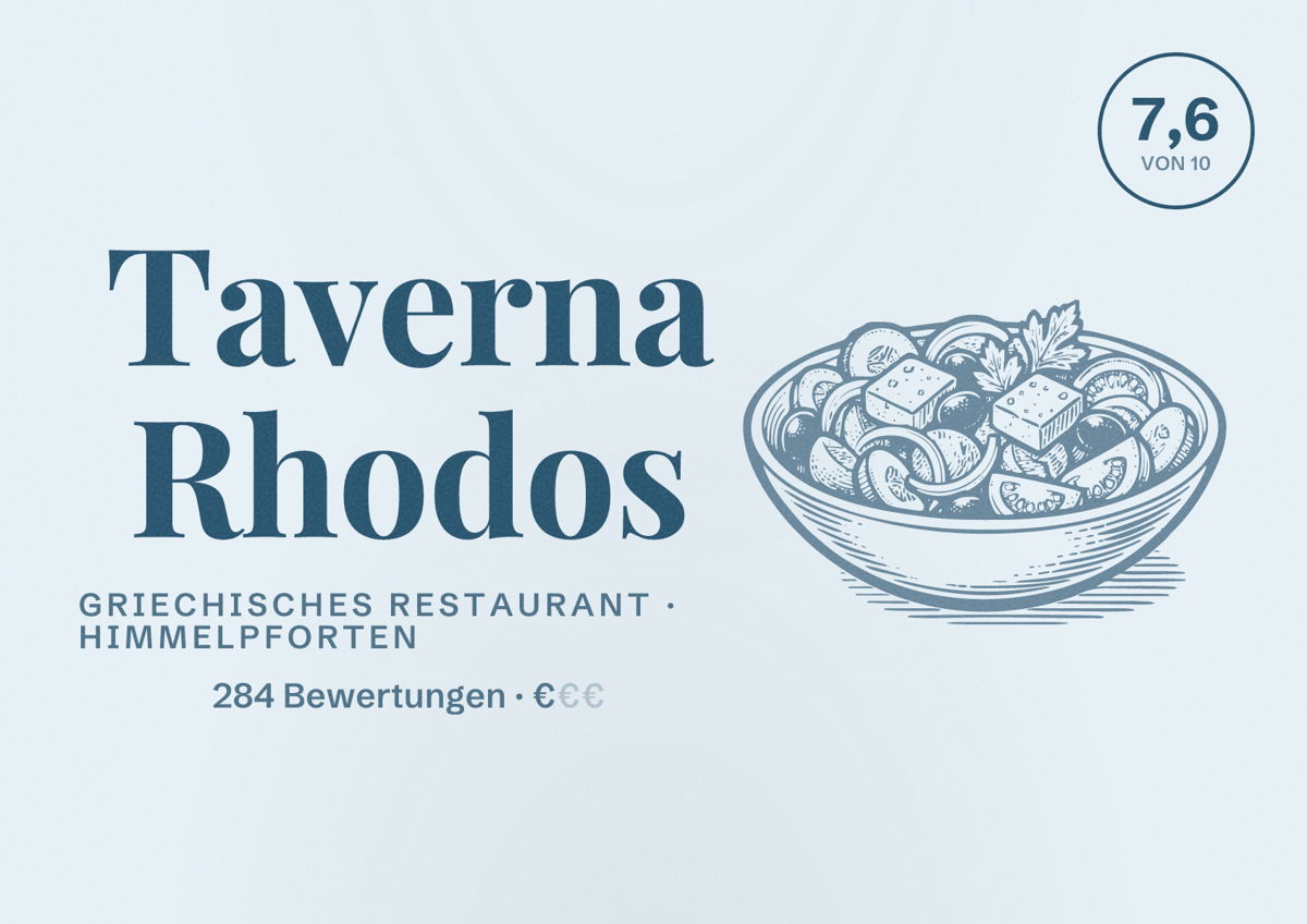 Illustriertes Poster von Taverna Rhodos, Griechisches Restaurant in Himmelpforten: Bewertung 7,6 von 10 aus 284 Bewertungen, Preisniveau €