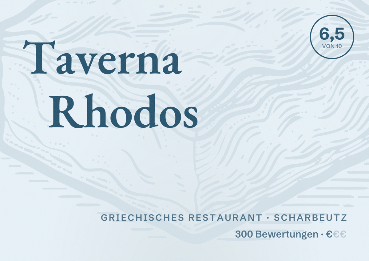 Illustriertes Poster von Taverna Rhodos, Griechisches Restaurant in Scharbeutz: Bewertung 6,5 von 10 aus 300 Bewertungen, Preisniveau €