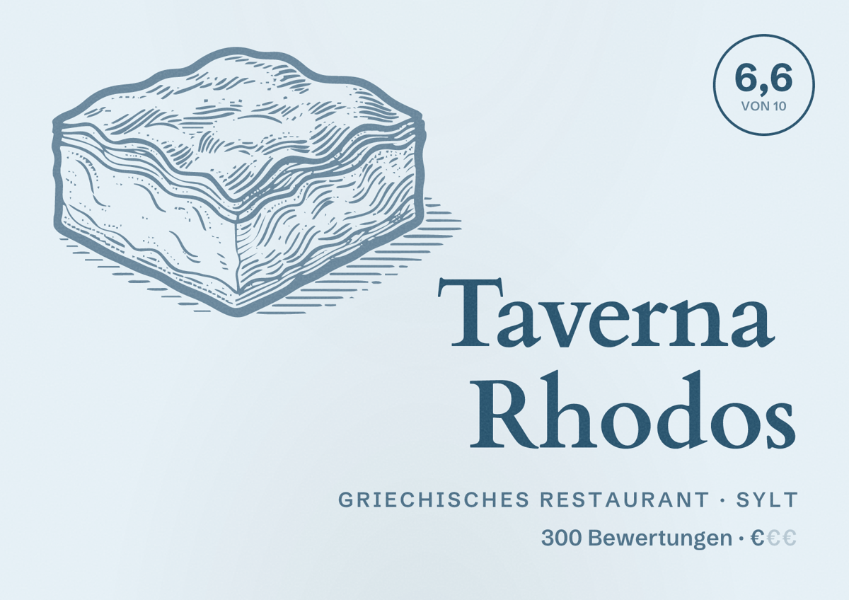 Illustriertes Poster von Taverna Rhodos, Griechisches Restaurant in Sylt: Bewertung 6,6 von 10 aus 300 Bewertungen, Preisniveau €