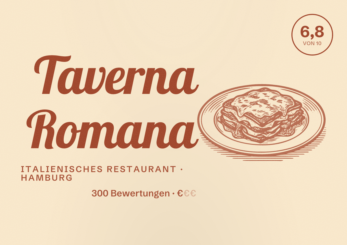Illustriertes Poster von Taverna Romana, Italienisches Restaurant in Hamburg: Bewertung 6,8 von 10 aus 300 Bewertungen, Preisniveau €
