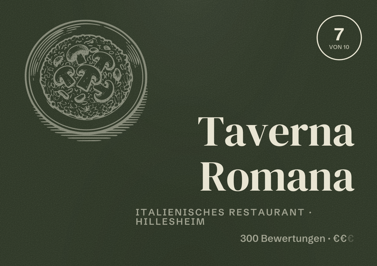 Illustriertes Poster von Taverna Romana, Italienisches Restaurant in Hillesheim: Bewertung 7 von 10 aus 300 Bewertungen, Preisniveau €€