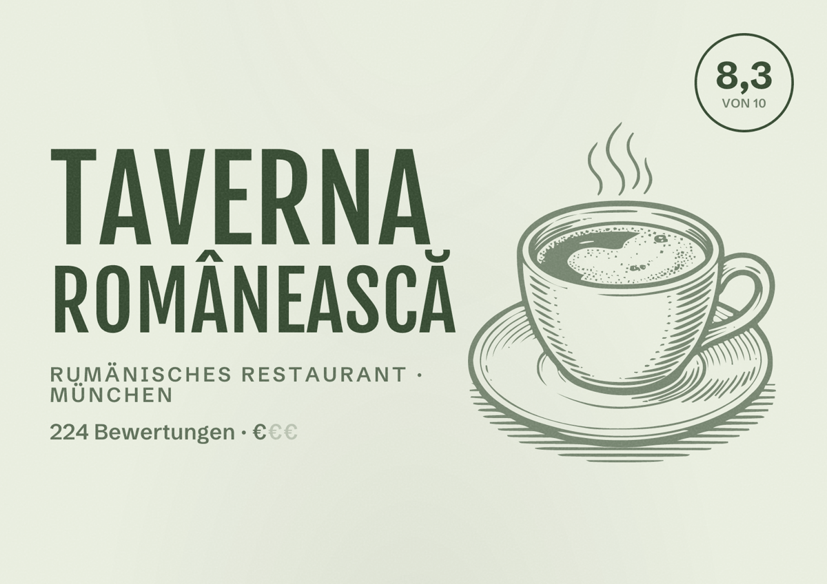 Illustriertes Poster von Taverna Românească, Rumänisches Restaurant in München: Bewertung 8,3 von 10 aus 224 Bewertungen, Preisniveau €