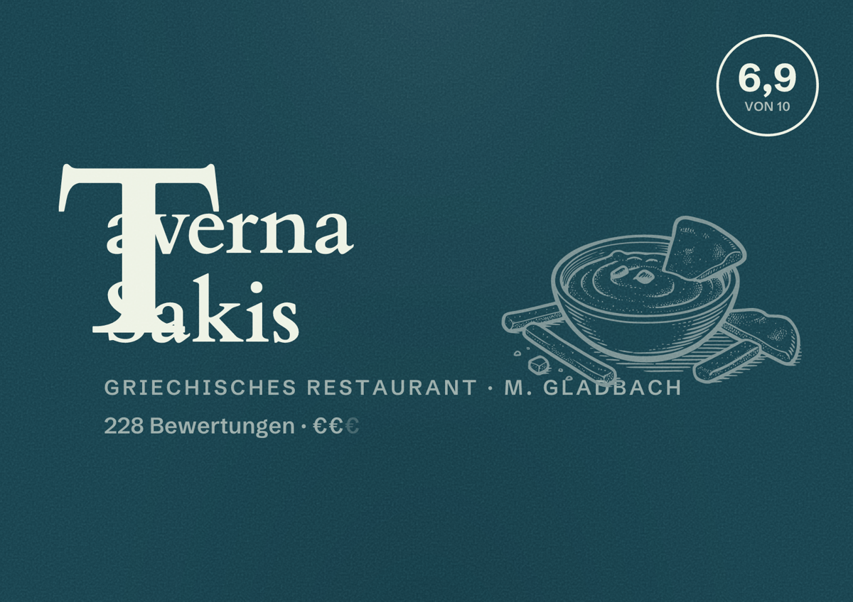 Illustriertes Poster von Taverna Sakis, Griechisches Restaurant in M. Gladbach: Bewertung 6,9 von 10 aus 228 Bewertungen, Preisniveau €€