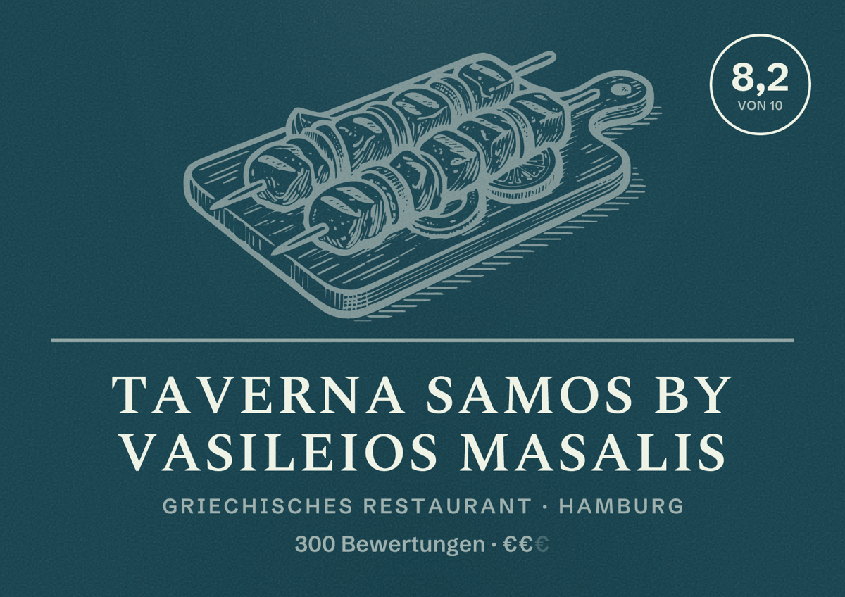 Illustriertes Poster von Taverna Samos by Vasileios Masalis, Griechisches Restaurant in Hamburg: Bewertung 8,2 von 10 aus 300 Bewertungen, Preisniveau €€