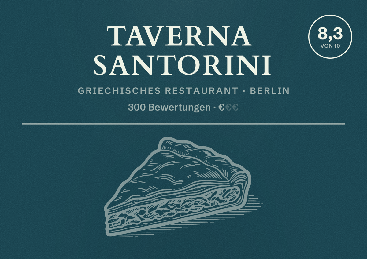 Illustriertes Poster von Taverna Santorini, Griechisches Restaurant in Berlin: Bewertung 8,3 von 10 aus 300 Bewertungen, Preisniveau €
